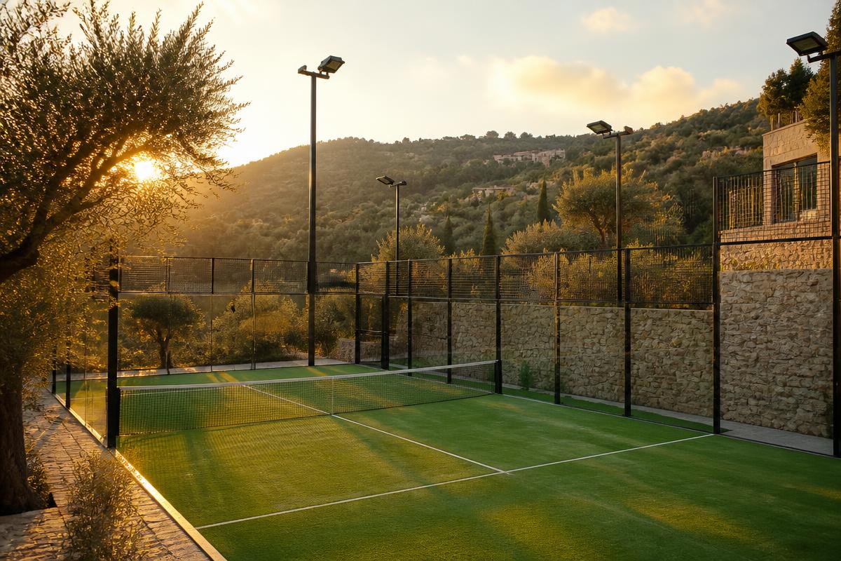 Outdoor padel court at golden hour in the Lebanese mountains