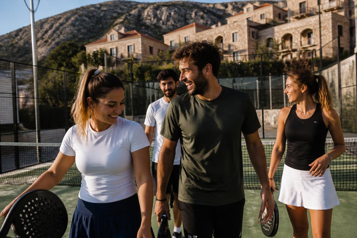 Friends enjoying a padel game at Assia